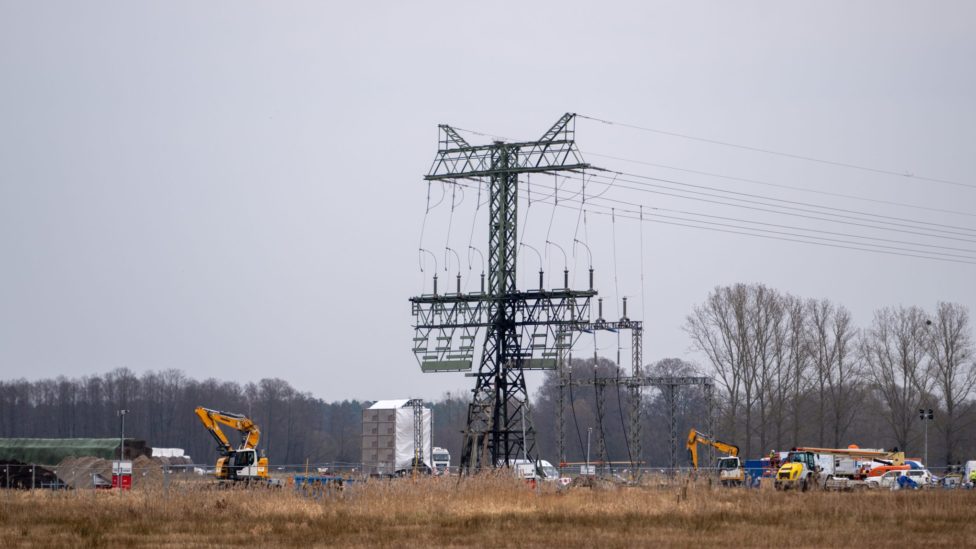 Ein Strommast mit Brandspuren steht auf einem Feld nahe der Tesla-Autofabrik.