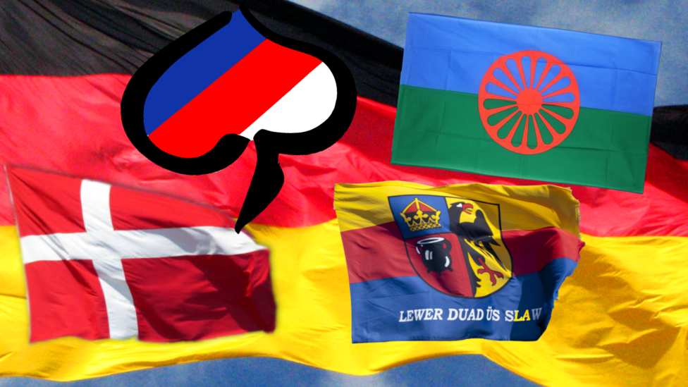 Vor dem Hintergrund der BRD-Fahne befinden sich die Symbole der Sinti&Roma, Friesen, Dänen und Sorben