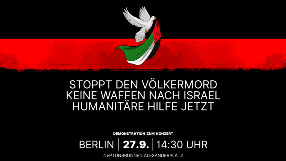 Banner zur Veranstaltung mit Friedenstaube mit Palästinafahne, Thesen, Veranstaltungstermin