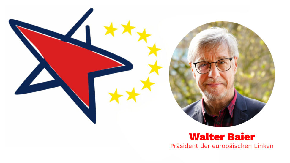 Logo der Europäischen Linken und Portrait von Walter Baier, Präsident der EL