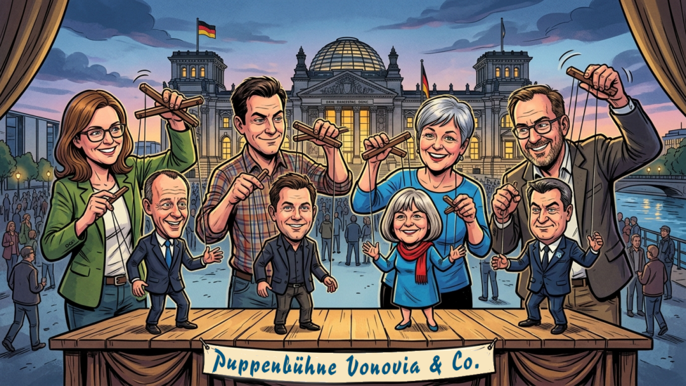 Puppenbühne "Vonovia & Co." Puppenspieler spielen mit Marionettenpuppen, die Mitgliedern der Regierung ähneln