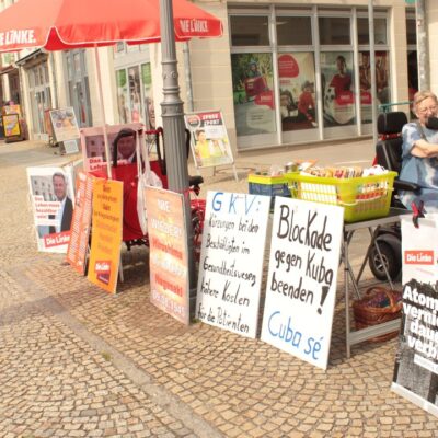 Infostand "Frieden auf der Welt", Die Linke Spremberg am Spremberger Marktplatz.
