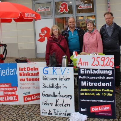 24.09.2026, Infostand der Spremberger Linken auf dem Marktplatz Spremberg aus Anlass des Weltfriedenstag am 21. September