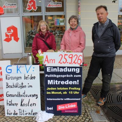 24.09.2026, Infostand der Spremberger Linken auf dem Marktplatz Spremberg aus Anlass des Weltfriedenstag am 21. September