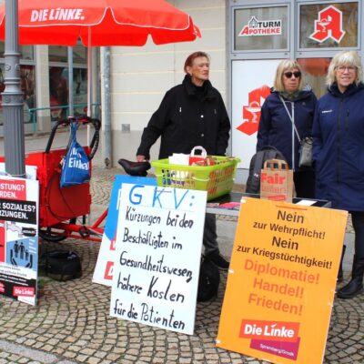 Für 2027, letzter planmäßiger Infostand der Spremberger Linken am Marktplatz Spremberg. Thema Frieden