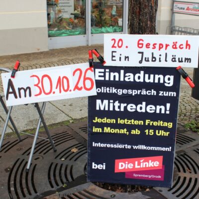 Für 2027, letzter planmäßiger Infostand der Spremberger Linken am Marktplatz Spremberg. Thema Frieden